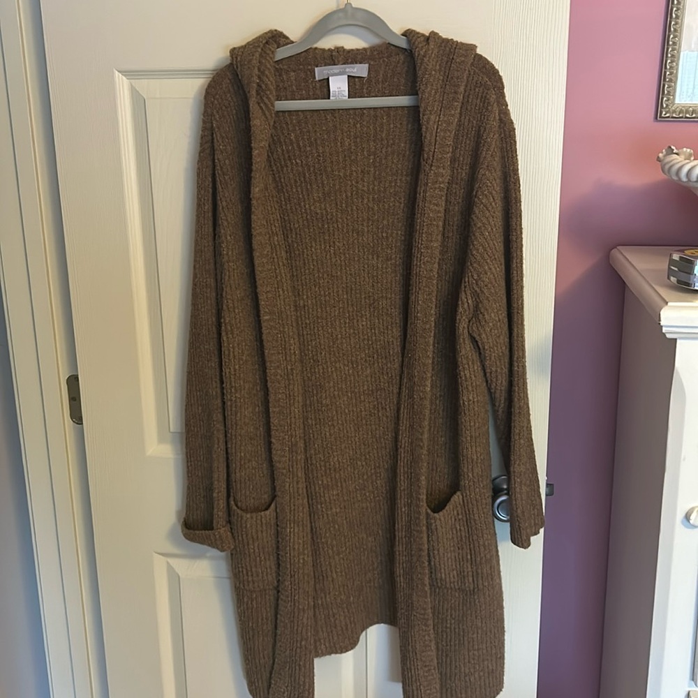 Size 1x hooded sweater cardigan.  Warm and cozy!